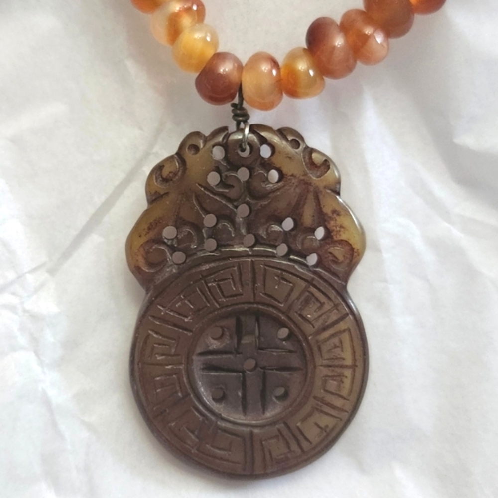 Vtg Carnelian Agate Chinese Good Fortune Syerlung Beaded Pendant Necklace
